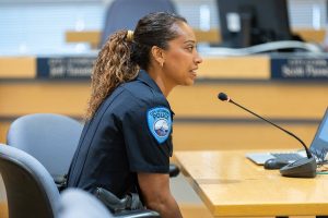 Edmonds Police Chief Loi Dawkins speaks after the city council approved her appointment on Tuesday, July 8, 2025 in Edmonds, Washington. (Olivia Vanni / The Herald)