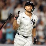 Giancarlo Stanton of the New York Yankees flips his bat after hitting a three-run home run in the sixth inning against the Seattle Mariners at Yankee Stadium on Tuesday, July 8, 2025, in New York. (Evan Bernstein / Getty Images / Tribune News Services)