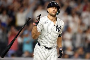Giancarlo Stanton of the New York Yankees flips his bat after hitting a three-run home run in the sixth inning against the Seattle Mariners at Yankee Stadium on Tuesday, July 8, 2025, in New York. (Evan Bernstein / Getty Images / Tribune News Services)