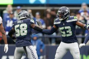 Seattle Seahawks linebackers Derick Hall (58) and Boye Mafe (53) celebrate a defensive play during the 2024 season. (Rio Giancarlo / Getty Images / The Athletic)
