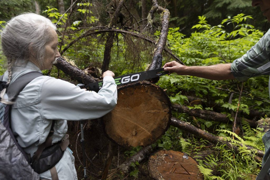 Kathy Johnson and Doug Cooper pick up a chainsaw blade left on top of a tree on Thursday, July 10, 2025 in Granite Falls, Washington. (Olivia Vanni / The Herald)