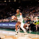 Tiffany Mitchell sets for a jumper during a July 11 game against the Connecticut Sun at Climate Pledge Arena in Seattle, Wash. (Photo courtesy of the Seattle Storm)