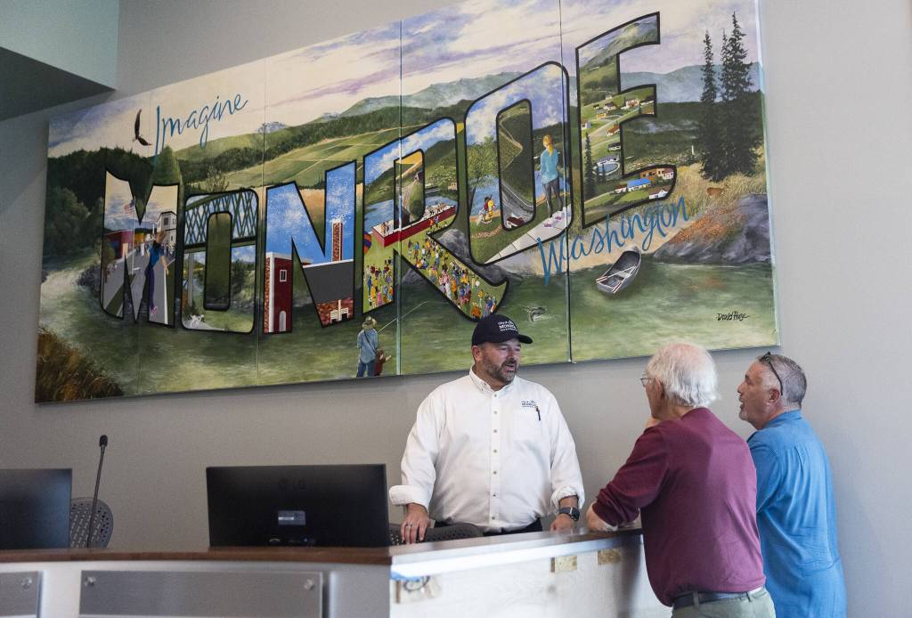 Inside the council chambers in the new City of Monroe building on Monday, July 14, 2025 in Monroe, Washington. (Olivia Vanni / The Herald)