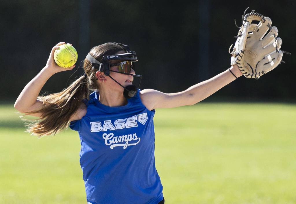 Reese Caskey throws the ball to first base during practice on Wednesday, July 16, 2025 in Mill Creek, Washington. (Olivia Vanni / The Herald)