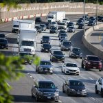 Traffic slows as it moves around the bend of northbound I-5 through north Everett on Wednesday, May 22, 2024. (Olivia Vanni / The Herald)