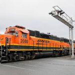A BNSF train crosses Grove St/72nd St, NE in Marysville, Washington on March 17, 2022. Two million in transportation dollars, received by the county as part of a federal grant package, will go toward designing upgrades at the Delta rail yard, located along the Snohomish River in northeast Everett. The yard, owned by freight rail giant BNSF, is also used by the county for transporting solid waste, and used by Amtrak for passenger rail service.(Kevin Clark / The Herald)