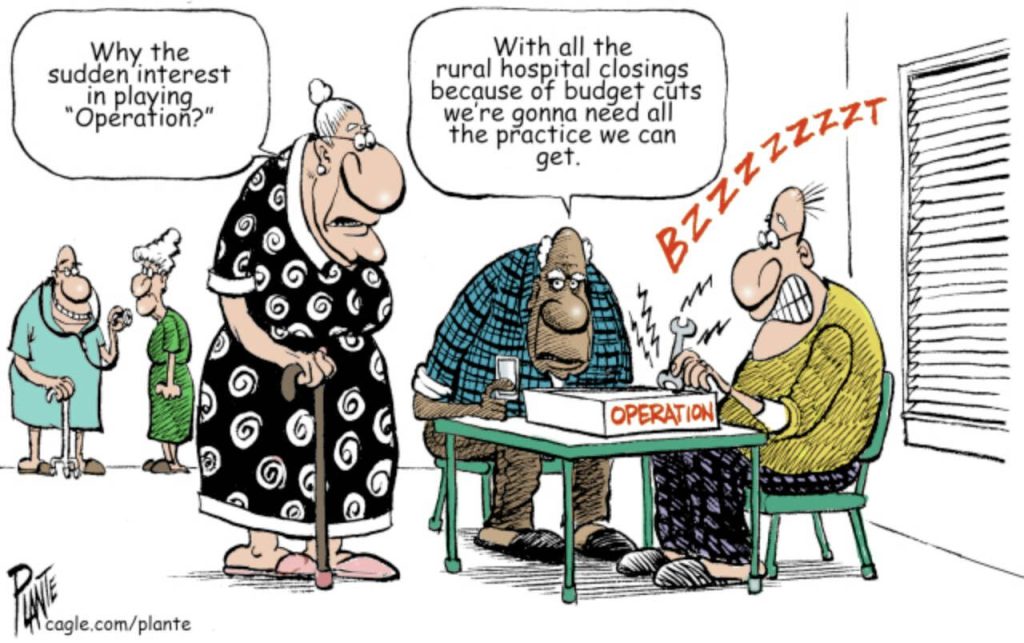 Game time at the old folks home, rural hotoonspitals, budget cuts, DOGE, Medicaid, Operation, Big Beautiful Bill, GOP, RNC, Republican Party, MAGA