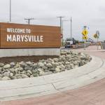Traffic moves around parts of the roundabout at the new I-5/SR529 interchange on Tuesday, July 22, 2025 in Marysville, Washington. (Olivia Vanni / The Herald)
