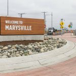 Traffic moves around parts of the roundabout at the new I-5/SR529 interchange on Tuesday, July 22, 2025 in Marysville, Washington. (Olivia Vanni / The Herald)