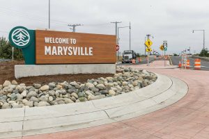 Traffic moves around parts of the roundabout at the new I-5/SR529 interchange on Tuesday, July 22, 2025 in Marysville, Washington. (Olivia Vanni / The Herald)