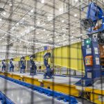 The 777-8 Freighter wing spar sits on the production line on Monday, July 21, 2025 in Everett, Washington. (Olivia Vanni / The Herald)