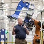 Ben Linder, 777 and 777-8 Freighter vice president and chief project engineer, speaks during an event held to kick off production of the 777-8 Freighter on Monday, July 21, 2025 in Everett, Washington. (Olivia Vanni / The Herald)