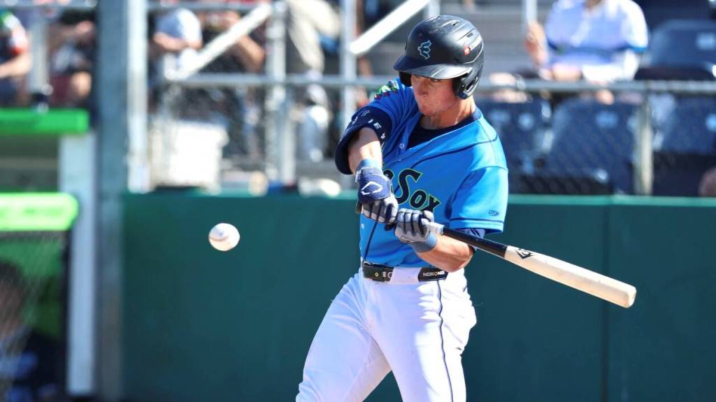 Colt Emerson of the Everett AquaSox takes a swing during a game at Funko Field in Everett on Sunday. (Photo courtesy of Evan Morud / Everett AquaSox)