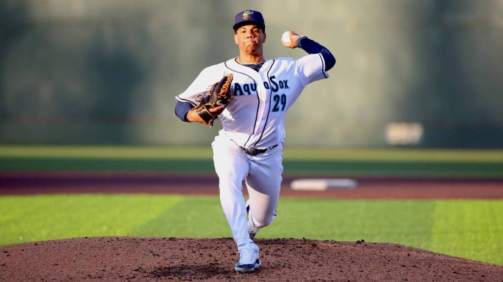 Jurrangelo Cijntje of the Everett AquaSox throws a pitch during a game at Funko Field in Everett on Saturday. (Photo courtesy of Evan Morud / Everett AquaSox)