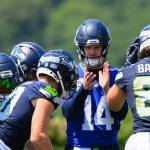 The Seahawks offense breaks its huddle during a 2025 practice at the Virginia Mason Athletic Center in Renton, Wash. (Edwin Hooper / Seattle Seahawks)