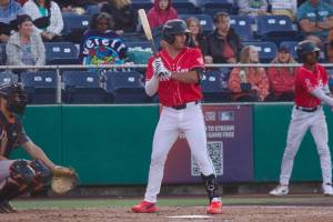AquaSox infielder Brandon Eike prepares for an at bat against the Eugene Emeralds at Funko Field on June 28, 2025. (Joe Pohoryles / The Herald)
