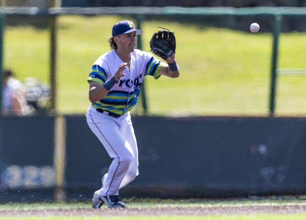 Everett AquaSox infielder Carter Dorighi makes a catch during the game against the Spokane Indians on Thursday, July 24, 2025 in Everett, Washington. (Olivia Vanni / The Herald)