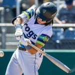 Everett AquaSox outfielder Tai Peete gets a hit during the game against the Spokane Indians on Thursday, July 24, 2025 in Everett, Washington. (Olivia Vanni / The Herald)