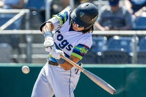 Everett AquaSox outfielder Tai Peete gets a hit during the game against the Spokane Indians on Thursday, July 24, 2025 in Everett, Washington. (Olivia Vanni / The Herald)