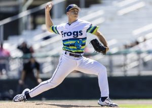 AquaSox pitcher Evan Truitt pitches during Everett's 3-2 win against the Spokane Indians at Funko Field on July 24, 2025. (Olivia Vanni / The Herald)