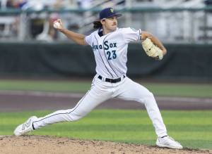 Ashton Izzi pitches for the Everett AquaSox against the Spokane Indians at Funko Field on July 22, 2025. The Seattle Mariners traded Izzi alongside former AquaSox pitcher Brandyn Garcia to the Arizona Diamondbacks in exchange for first baseman Josh Naylor on July 24, 2025. (Olivia Vanni / The Herald)