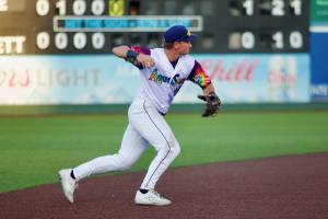 AquaSox shortstop Colt Emerson throws to first base during Everett's 3-2 win against the Spokane Indians at Funko Field on July 26, 2025. (Joe Pohoryles / The Herald)