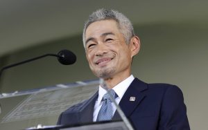 Ichiro Suzuki speaks during the Baseball Hall of Fame induction ceremony at Clark Sports Center on Sunday, July 27, 2025, in Cooperstown, New York. (Jim McIsaac / Getty Images / Tribune News Services)