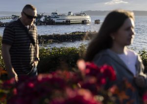 People walk along Sunset Avenue as people below explore Bracketts Landing North at sunset on Thursday, July 3, 2025 in Edmonds, Washington. (Olivia Vanni / The Herald)
