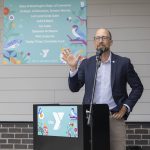 YMCA of Snohomish County CEO Peyton Tune speaks the the ribbon cutting for the new Marysville Family YMCA Early Learning Center on Tuesday, Aug. 5, 2025 in Marysville, Washington. (Olivia Vanni / The Herald)