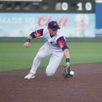 Shortstop Colt Emerson fields a ground ball with the Everett AquaSox during a 3-2 win against the Spokane Indians at Funko Field on July 26, 2025. The Mariners promoted both Emerson and switch-pitcher Jurrangelo Cijntje to Double-A Arkansas on Aug. 3, 2025. (Joe Pohoryles / The Herald)