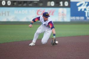 Shortstop Colt Emerson fields a ground ball with the Everett AquaSox during a 3-2 win against the Spokane Indians at Funko Field on July 26, 2025. The Mariners promoted both Emerson and switch-pitcher Jurrangelo Cijntje to Double-A Arkansas on Aug. 3, 2025. (Joe Pohoryles / The Herald)