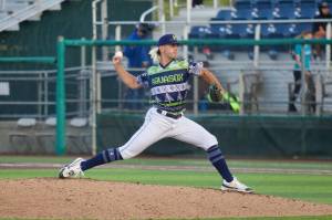 AquaSox pitcher Taylor Dollard delivers a pitch during Everett's 7-1 win against the Spokane Indians at Funko Field on July 25, 2025. (Joe Pohoryles / The Herald)