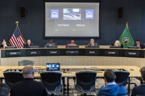 The Mountlake Terrace City Council discusses the Flock Safety license plate camera system on Thursday, June 5, 2025 in Mountlake Terrace, Washington. (Olivia Vanni / The Herald)