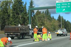 Crews put in stripes on a stretch of express lanes on Interstate 405 in 2015. (Photo courtesy of Washington State Department of Transportation.)