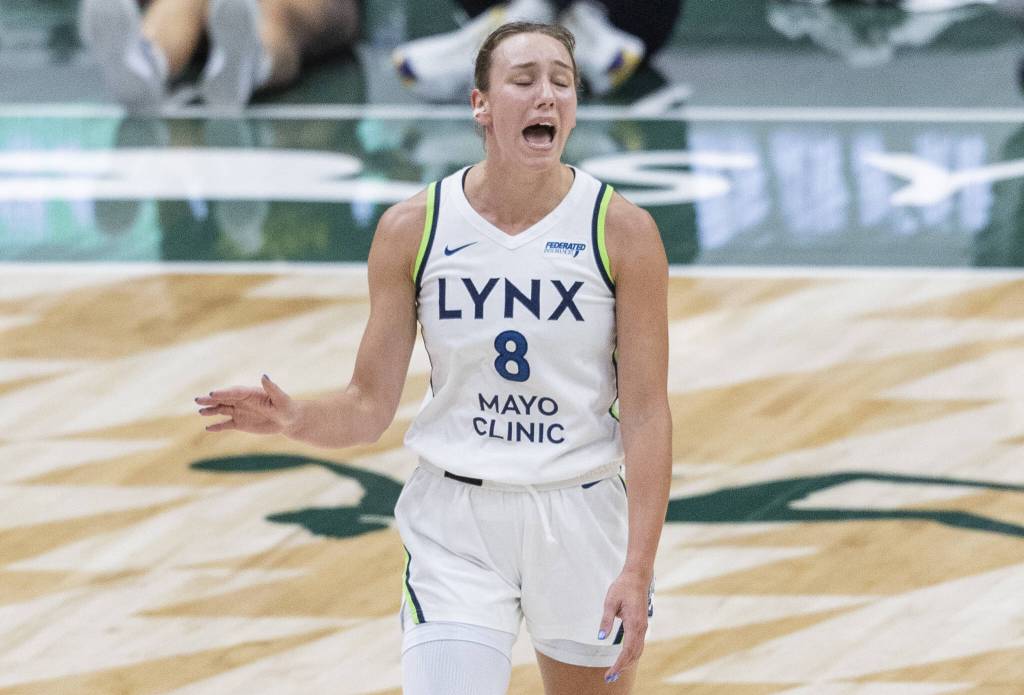 Minnesota Lynxs Alanna Smith yells after having a foul called on her during the game against the Seattle Storm on Tuesday, Aug. 5, 2025 in Seattle, Washington. (Olivia Vanni / The Herald)