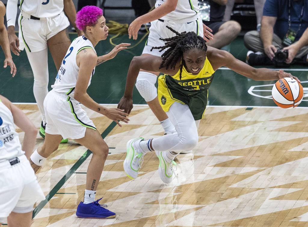 Seattle Storms Nneka Ogwumike steals the ball away during the game against the Minnesota Lynx on Tuesday, Aug. 5, 2025 in Seattle, Washington. (Olivia Vanni / The Herald)