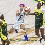 Minnesota Lynxs Natisha Hiedeman jumps up to make a layup during the game against the Seattle Storm on Tuesday, Aug. 5, 2025 in Seattle, Washington. (Olivia Vanni / The Herald)