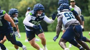 Seahawks guard Grey Zabel (76), who is expected to play in Thursday's preseason opener, practices on Tuesday, August 5, 2025 at the Virginia Mason Athletic Center in Renton, Washington. (Photo courtesy of Edwin Hooper / Seattle Seahawks)