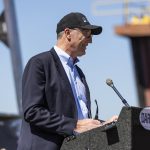 Nichols Brothers Boat Builders CEO Gavin Higgins speaks at the christening of the USX-1 Defiant, a first-of-its-kind autonomous naval ship, at Everett Ship Repair on Monday, Aug. 11, 2025 in Everett, Washington. (Olivia Vanni / The Herald)