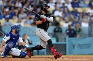 Josh Naylor (22) of the Arizona Diamondbacks hits an RBI groundout against the Los Angeles Dodgers during the first inning at Dodger Stadium on Monday, May 19, 2025, in Los Angeles. (Luke Hales / Getty Images / Tribune News Services)