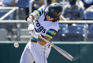 Everett AquaSox outfielder Tai Peete gets a hit during the game against the Spokane Indians on Thursday, July 24, 2025 in Everett, Washington. (Olivia Vanni / The Herald)