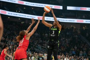 Seattle Storm forward Nneka Ogwumike rises for a jumper over Atlanta Dream forward Naz Hillmon during a game on Wednesday, Aug. 13, 2025 at Climate Pledge Arena in Seattle. (Courtesy of Seattle Storm)