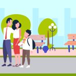 parents getting son with schoolbag from school after study happy family walking in city park boy eating ice cream back to home concept landscape background full length horizontal vector illustration