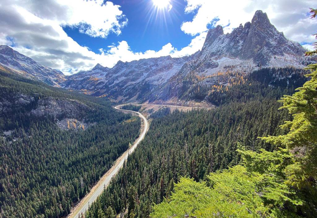 View of Liberty Bell Mountain from Washington Pass overlook where the North Cascades Highway descends into the Methow Valley. (Sue Misao)