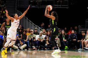 Seattle Storm forward Nneka Ogwumike takes a shot while Phoenix Mercury forward Alyssa Thomas closes out during a game on Sunday, Aug. 17, 2025 at Climate Pledge Arena in Seattle. (Courtesy of Seattle Storm)
