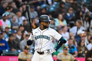 Victor Robles of the Seattle Mariners waits for a pitch during the first inning against the San Diego Padres at T-Mobile Park on Wednesday, Sept. 11, 2024, in Seattle. (Alika Jenner / Getty Images / Tribune News Services)