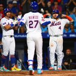 Mark Vientos (27) of the New York Mets celebrates his three-run home run with Jeff McNeil (1) and Francisco Alvarez in the fifth inning against the Seattle Mariners during the MLB Little League Classic at Bowman Field on Sunday, Aug. 17, 2025, in South Williamsport, Pennsylvania. (Joe Sargent / Getty Images / Tribune News Services)