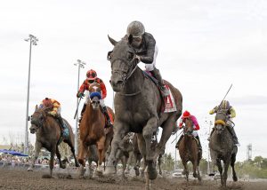 Arrowthegreat pulls away from the competition in the stretch to win Sunday's Longacres Mile at Emerald Downs racetrack in Auburn. (Photo courtesy of Emerald Downs)