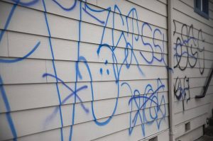 Graffiti on the exterior of the Boys & Girls Clubs of Snohomish County Cascade Unit in 2023 in Everett. (Olivia Vanni / The Herald)