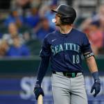 Seattle Mariners designated hitter Mitch Garver (18) walks to the dugout after striking out during the second inning against the Texas Rangers, Tuesday, April 23, 2024, in Arlington. (Elías Valverde II / The Dallas Morning News / Tribune News Services)
